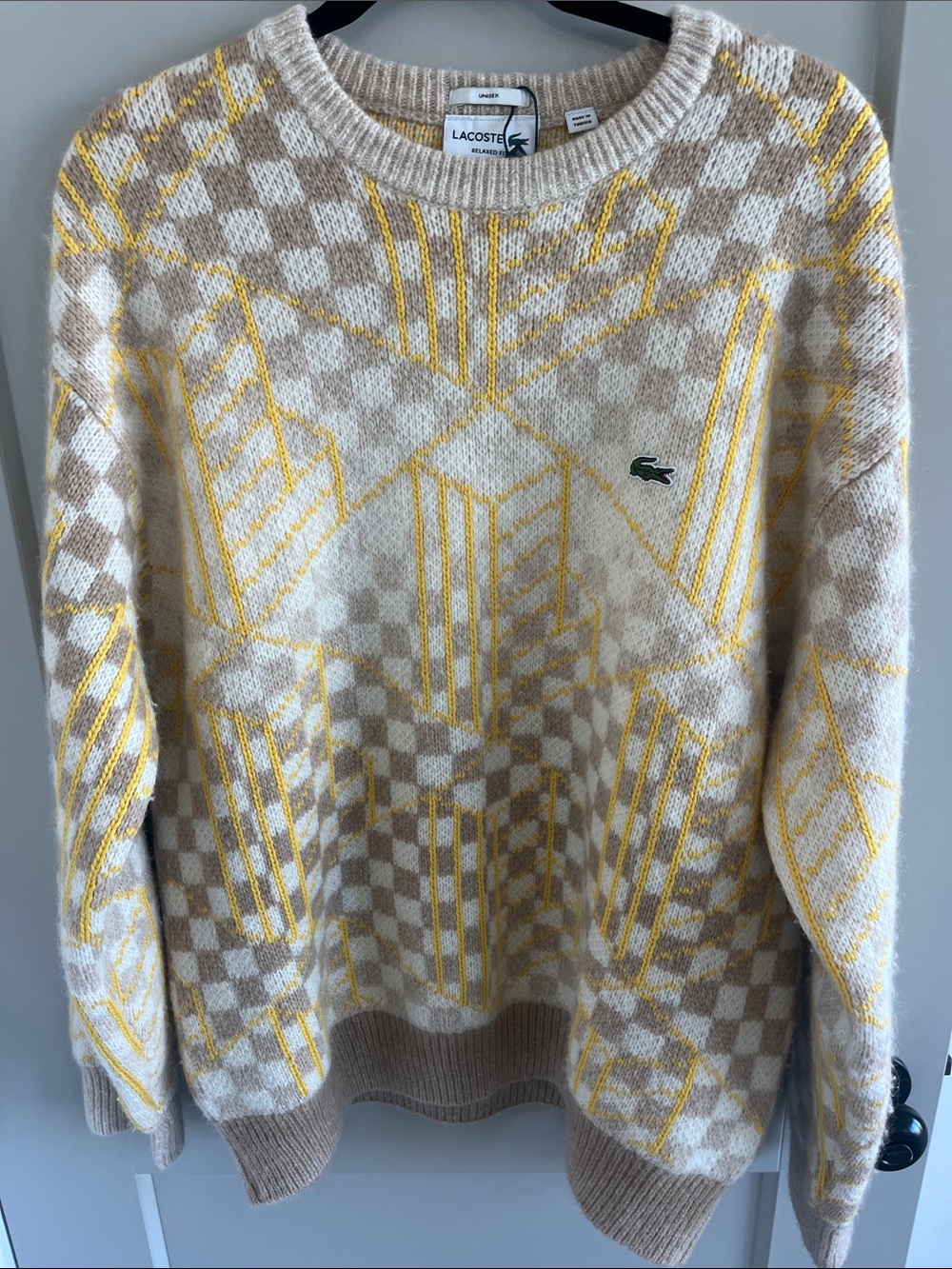 Lacoste Women's Cream & Yellow Patterned Knit Sweater xl